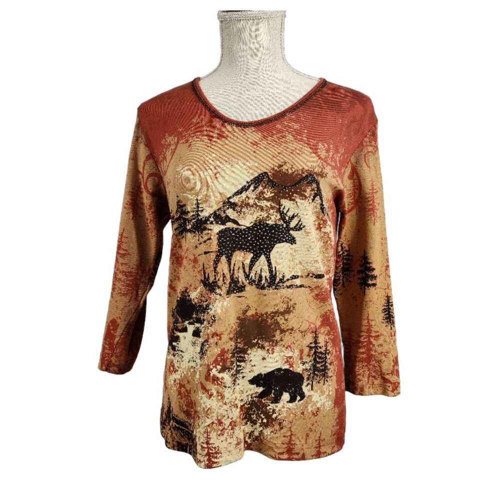 Cactus Bay Western 3/4 Sleeve Top Womens M Brown Moose Bear Bling Cowboy T Shirt
